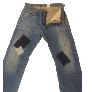 Levis 501 Button Fly Funky Upcycled Darned  Patched Distressed UNISEX Blue Jeans